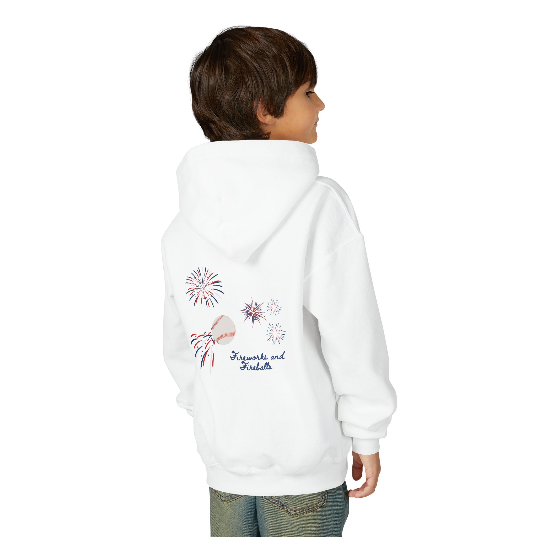 “Fireworks and Fireballs” White Youth Hoodie