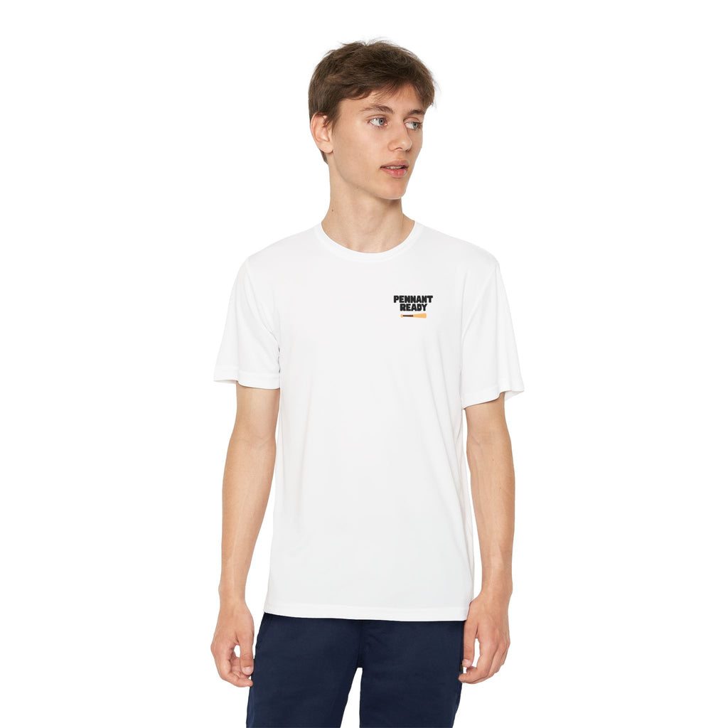 Person wearing a white t-shirt with a black logo on a white background