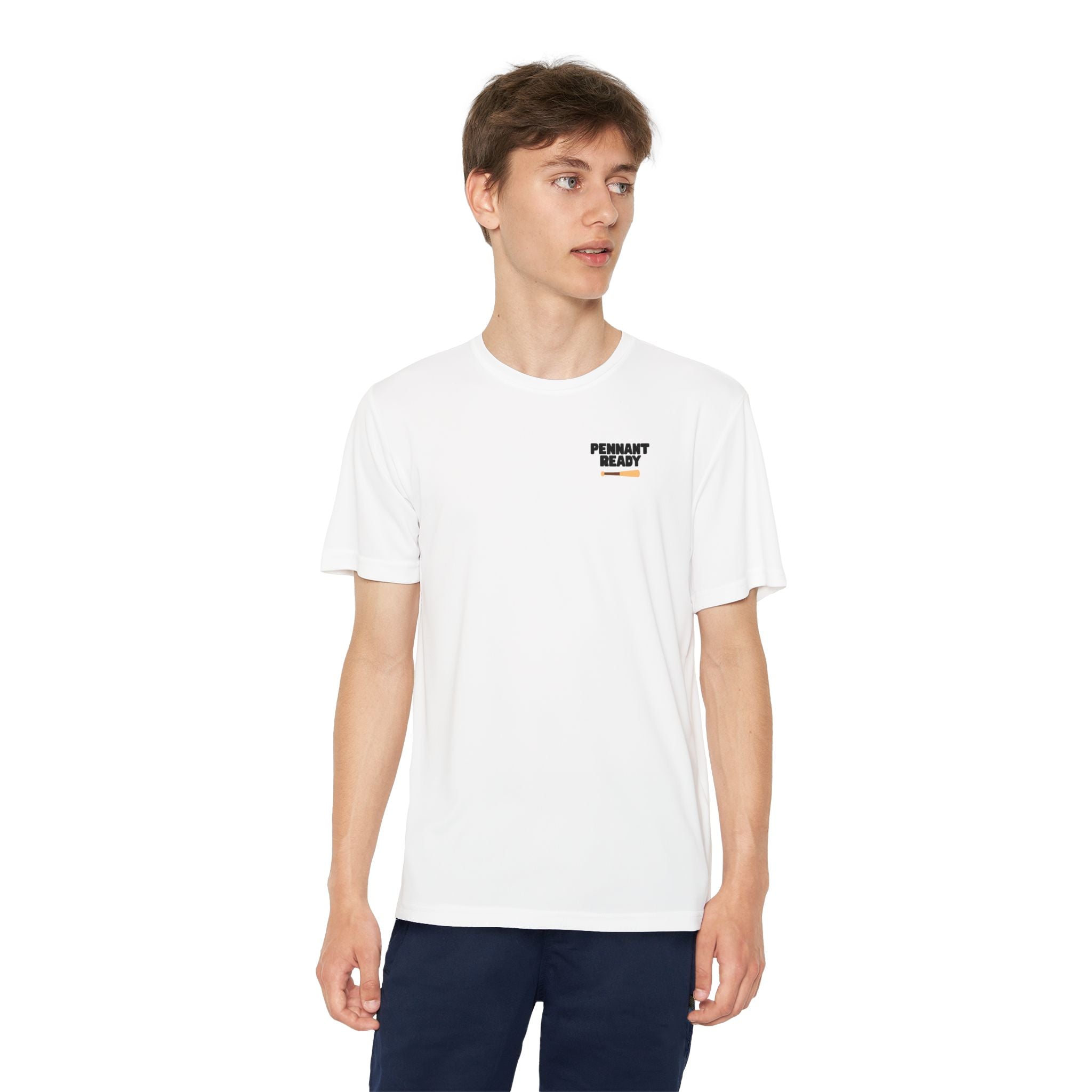 Person wearing a white t-shirt with a black logo on a white background